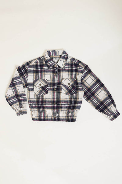 Youth Cropped Flannel Shacket for Girls in Navy
