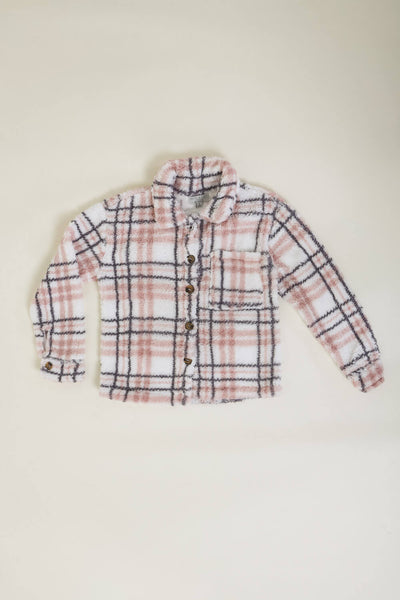 Youth Plaid Sherpa Shacket for Girls in Pink