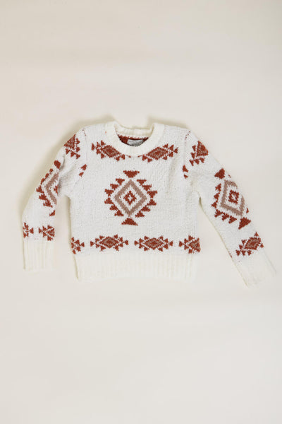 Youth Fuzzy Aztec Crew Neck Sweater for Girls in White
