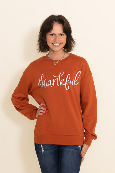 1897 Active Thankful Graphic Fleece Sweatshirt for Women in Orange