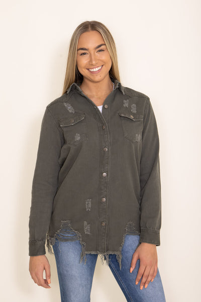 American Bazi Long Destructed Hem Denim Jacket for Women in Olive Green