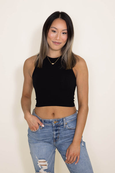 Ribbed Scoop Neck Cropped Brami for Women in Black