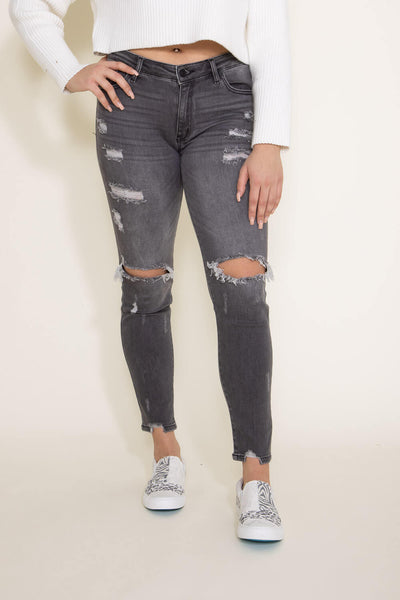 KanCan Mid Rise Distressed Super Skinny Jeans for Women in Light Grey