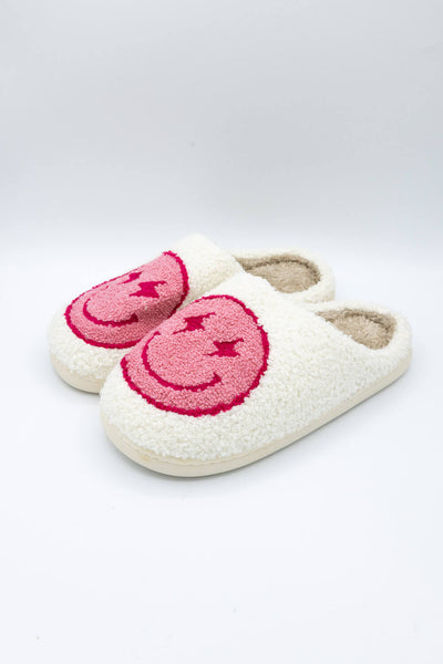 Smiley Face Slippers for Women in Pink & White