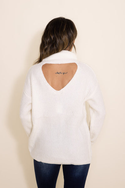 Miracle Clothing Cowlneck Cutout Sweater for Women in White