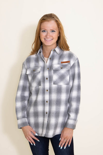 Simply Southern Women's Clothing Plaid Shacket for Women in Grey