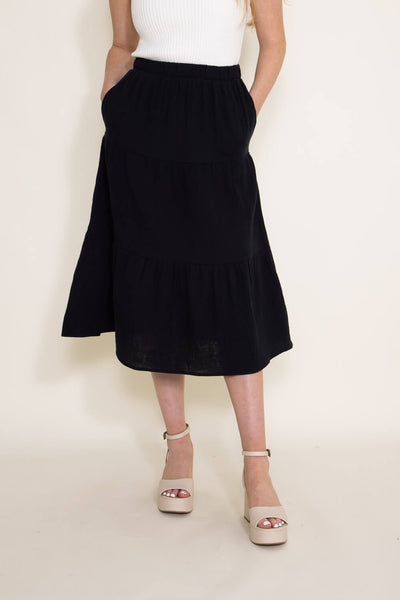 Pink Rose Gauze Midi Skirt for Women in Black