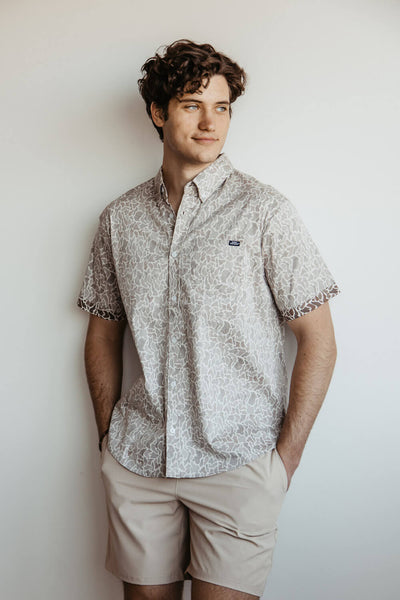 Simply Southern Camo Print Woven Button-Down Shirt for Men in Brown