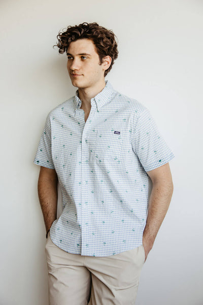 Simply Southern Palm Print Woven Button-Down Shirt for Men in Light Blue