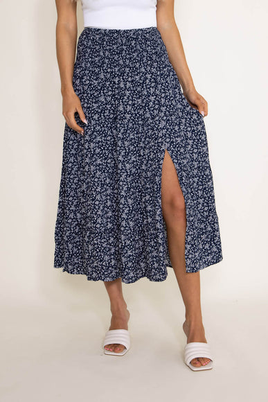 Wishlist Floral Midi Skirt with Slide Slit for Women in Blue