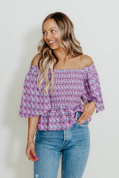 Simply Southern Square Neck Smocked Top for Women in Paisley Purple
