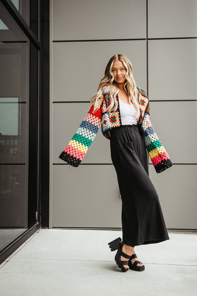 Ruffle Waist Flowy Wide Leg Pants for Women in Black