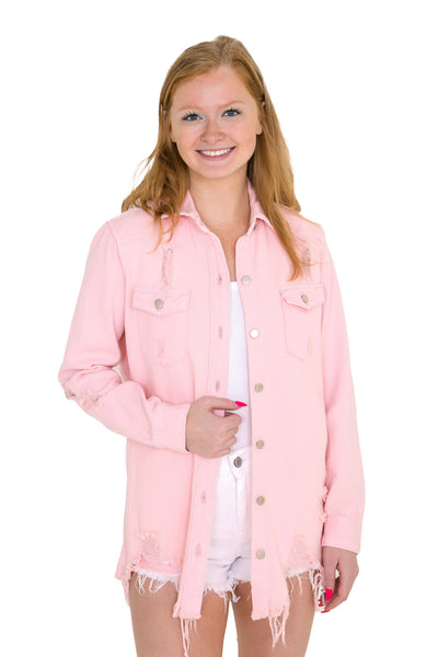 American Bazi Long Destructed Denim Shacket in Pink