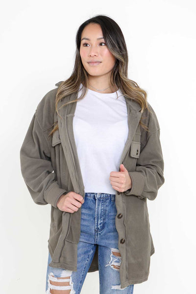 La Miel Sunset Fleece Shacket for Women in Army Green