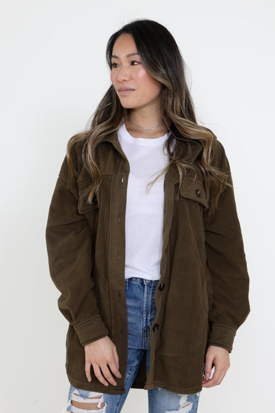 La Miel Sunset Fleece Shacket for Women in Olive Green