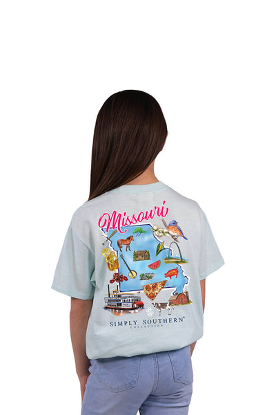 Simply Southern Youth Shirts Missouri T-Shirt for Girls in Breeze Blue