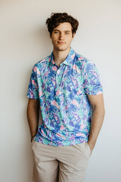 Simply Southern Hula Pattern Polo Shirt for Men in Blue | PP-0123-MN-PATTERN-POLO-HULA