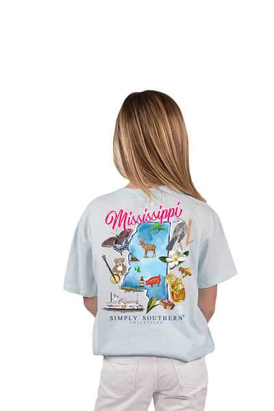 Simply Southern Youth T-Shirt Mississippi T-Shirt for Girls in Breeze Blue