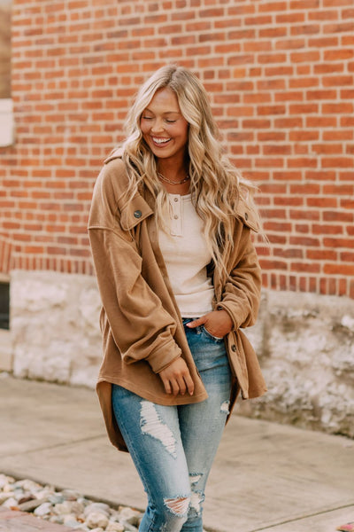 La Miel Sunset Fleece Shacket for Women in Taupe