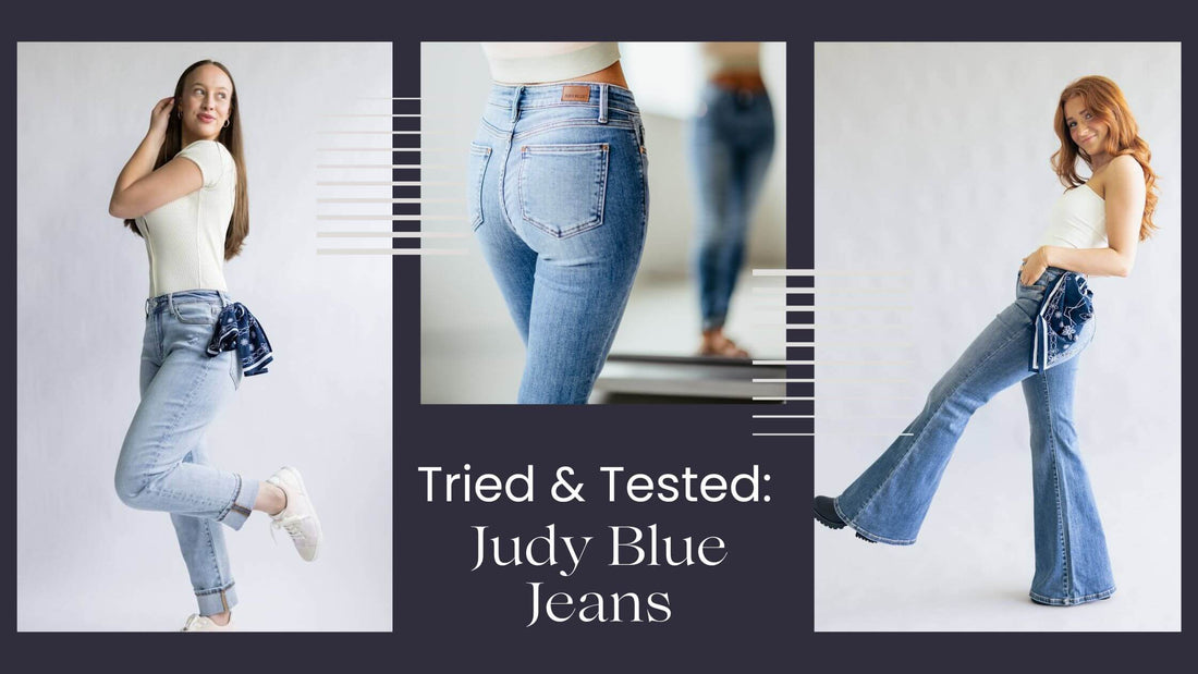 Promotional graphic featuring three images of models wearing Judy Blue jeans in different styles. The center text reads, "Tried & Tested: Judy Blue Jeans," with close-up and full-length views highlighting the fit and details of the denim.