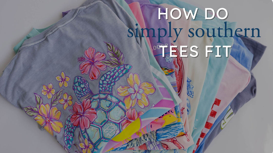 A stack of colorful graphic t-shirts with a turtle and floral design on the top shirt, overlaid with the text 'HOW DO simply southern TEES FIT' on a light gray background.