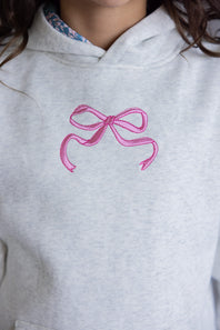 Simply Southern Youth Embroidered Dilara Bow Hoodie for Girls in Heather Grey