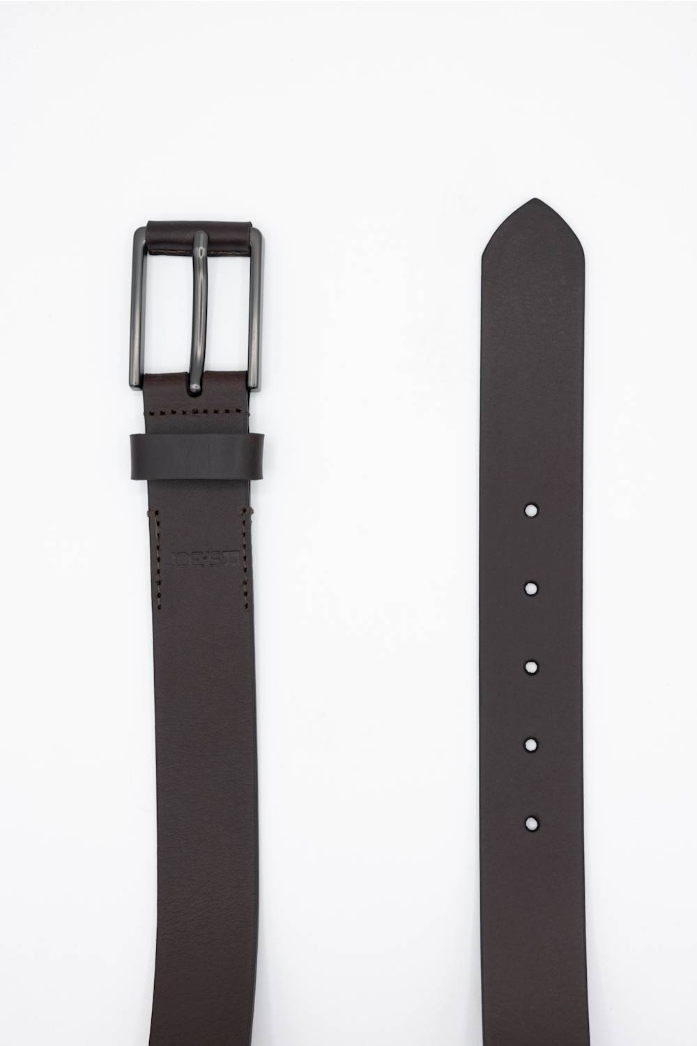A dark brown leather belt shown in two pieces on a plain white background, with the buckle end on the left and the strap end on the right.