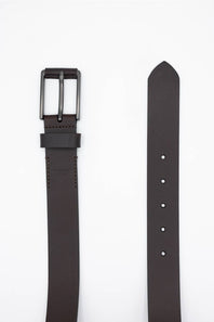 A dark brown leather belt shown in two pieces on a plain white background, with the buckle end on the left and the strap end on the right.