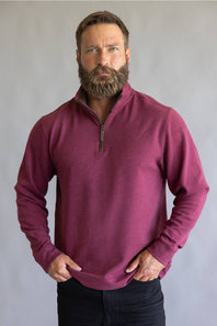 Buttery soft burgundy red zipneck sweatshirt, with brown zipper accents 