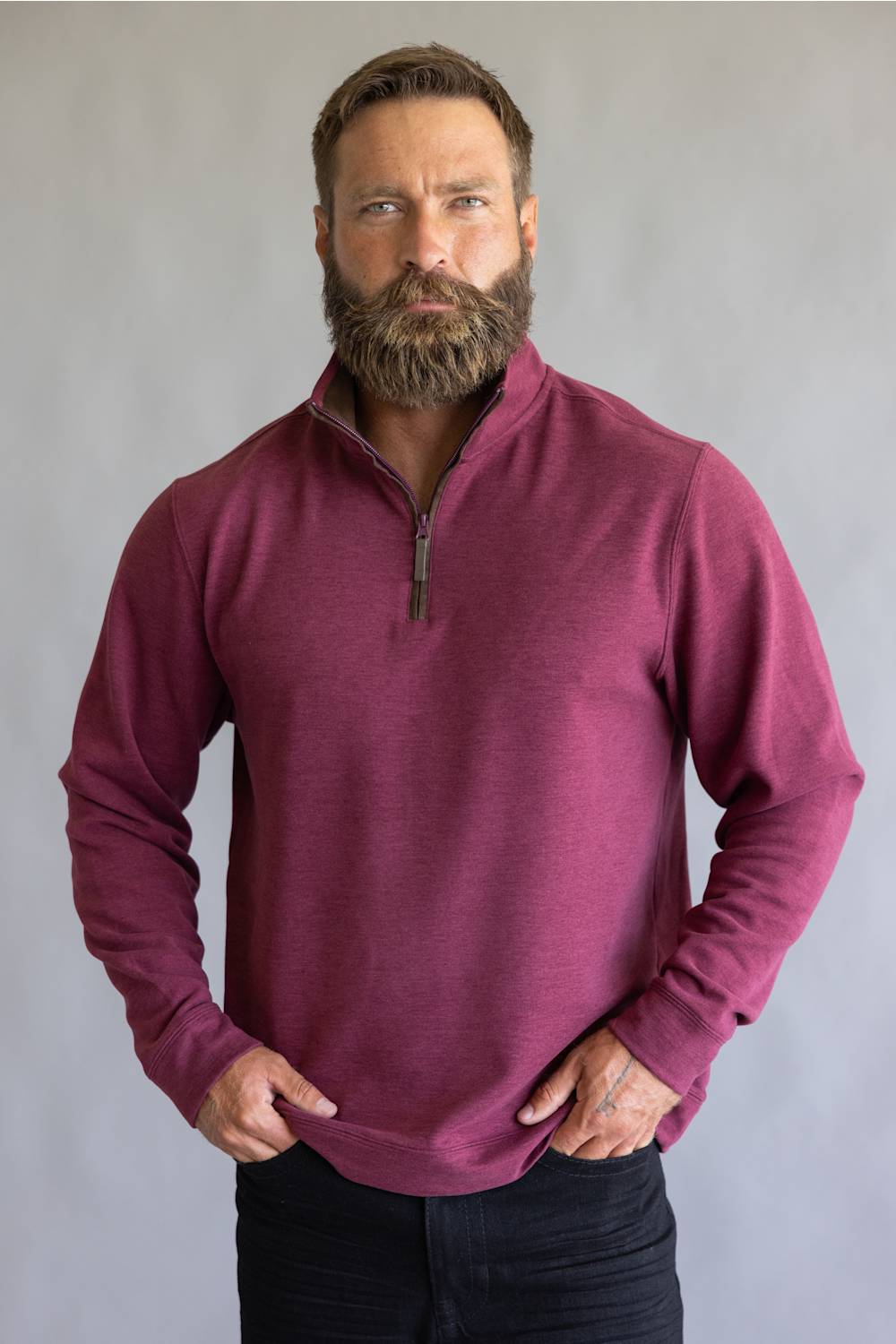 Buttery soft burgundy red zipneck sweatshirt, with brown zipper accents 