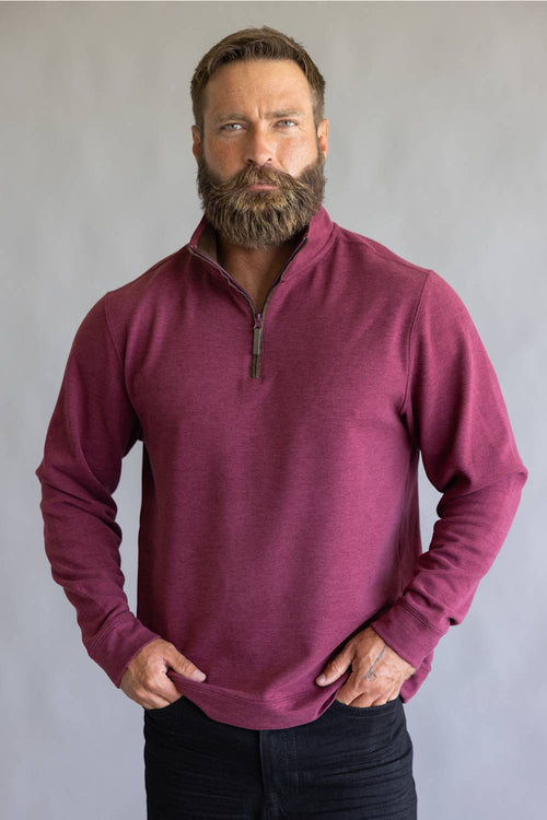 Buttery soft burgundy red zipneck sweatshirt, with brown zipper accents 