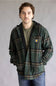 A man wearing a green Carhartt plaid hooded overshirt over an olive green t-shirt and blue jeans, standing against a neutral gray studio background.