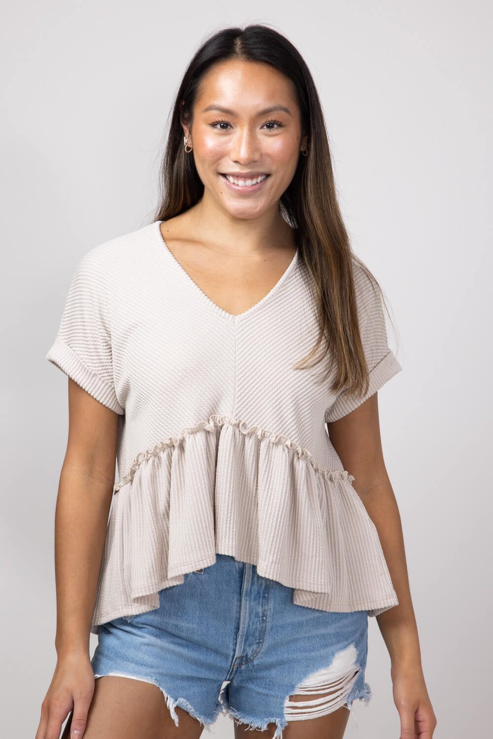 v neck peplum top with sleeves