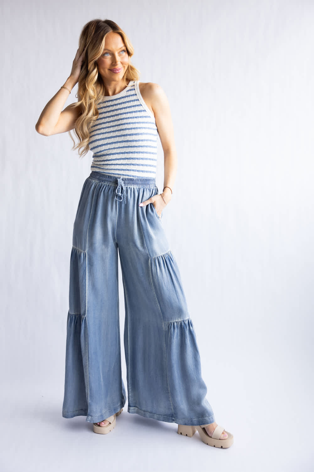 Textured Stripe Tank Top for Women in Cream and Navy 