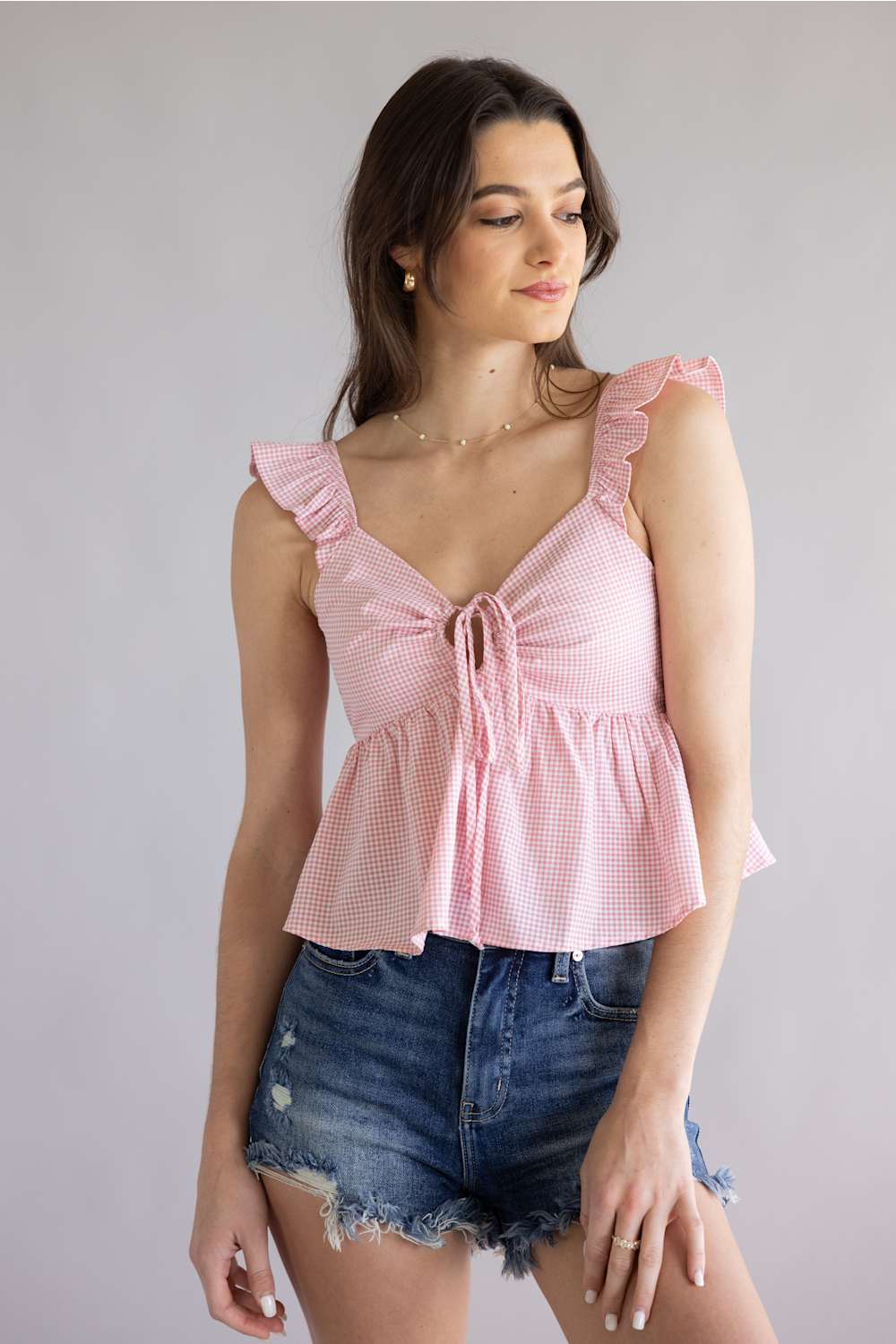 Gingham Front Tie Peplum Top for Women in Red