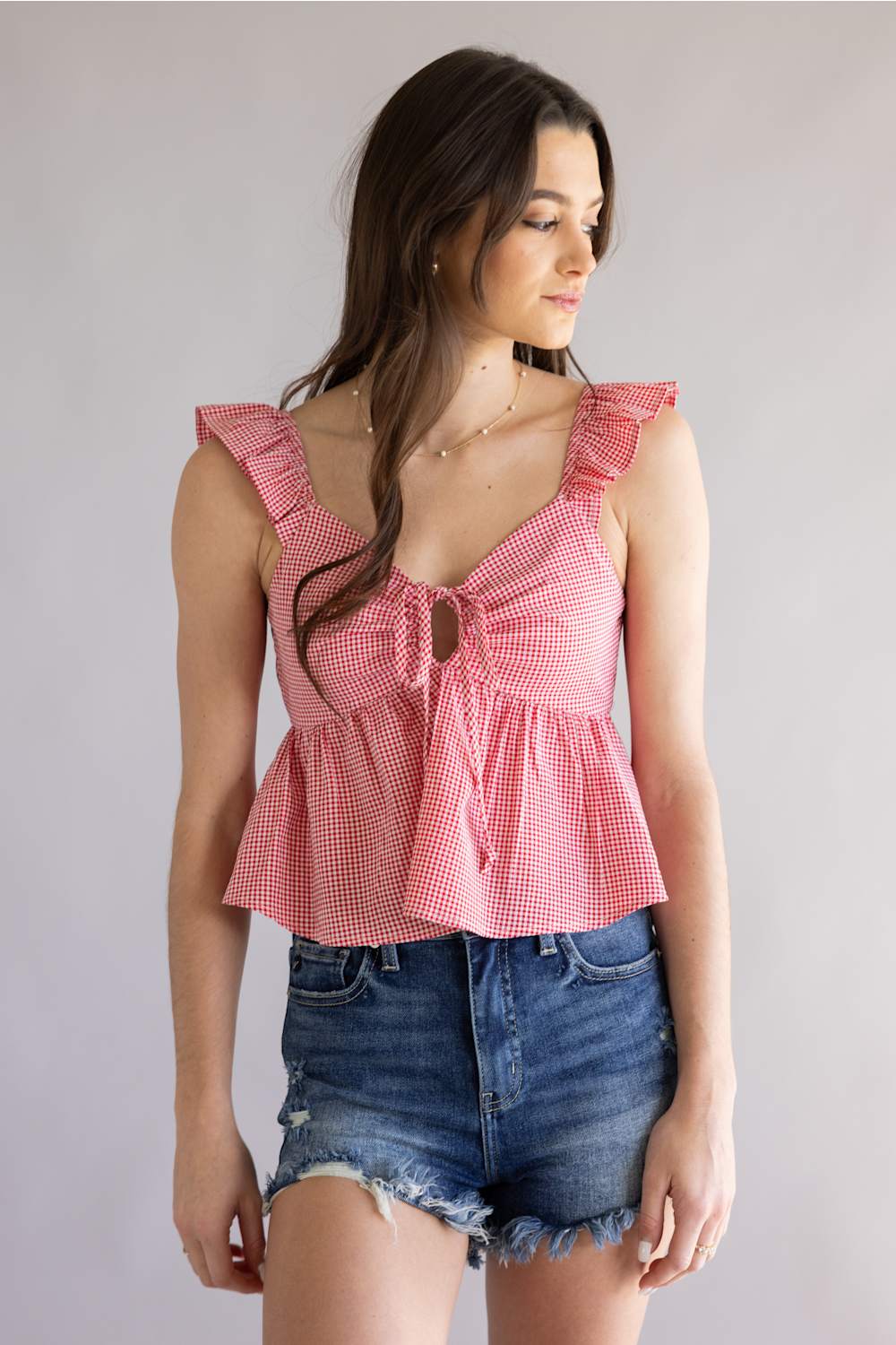 Gingham Front Tie Peplum Top for Women in Red | 14514-RED – Glik's