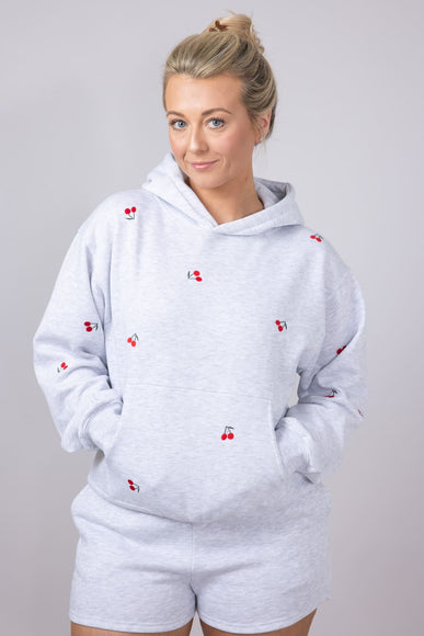 1897 Active All Over Print Cherry Embroidered Hoodie for Women in Grey