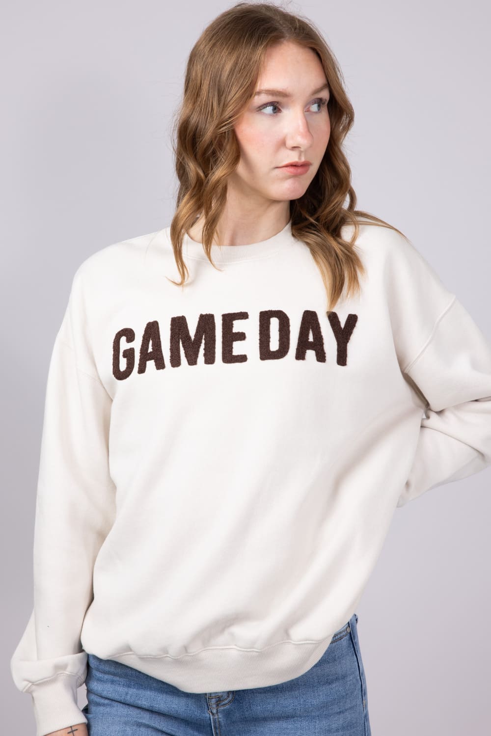 1897 Active Chenille Patch Game Day Sweatshirt for Women in Beige