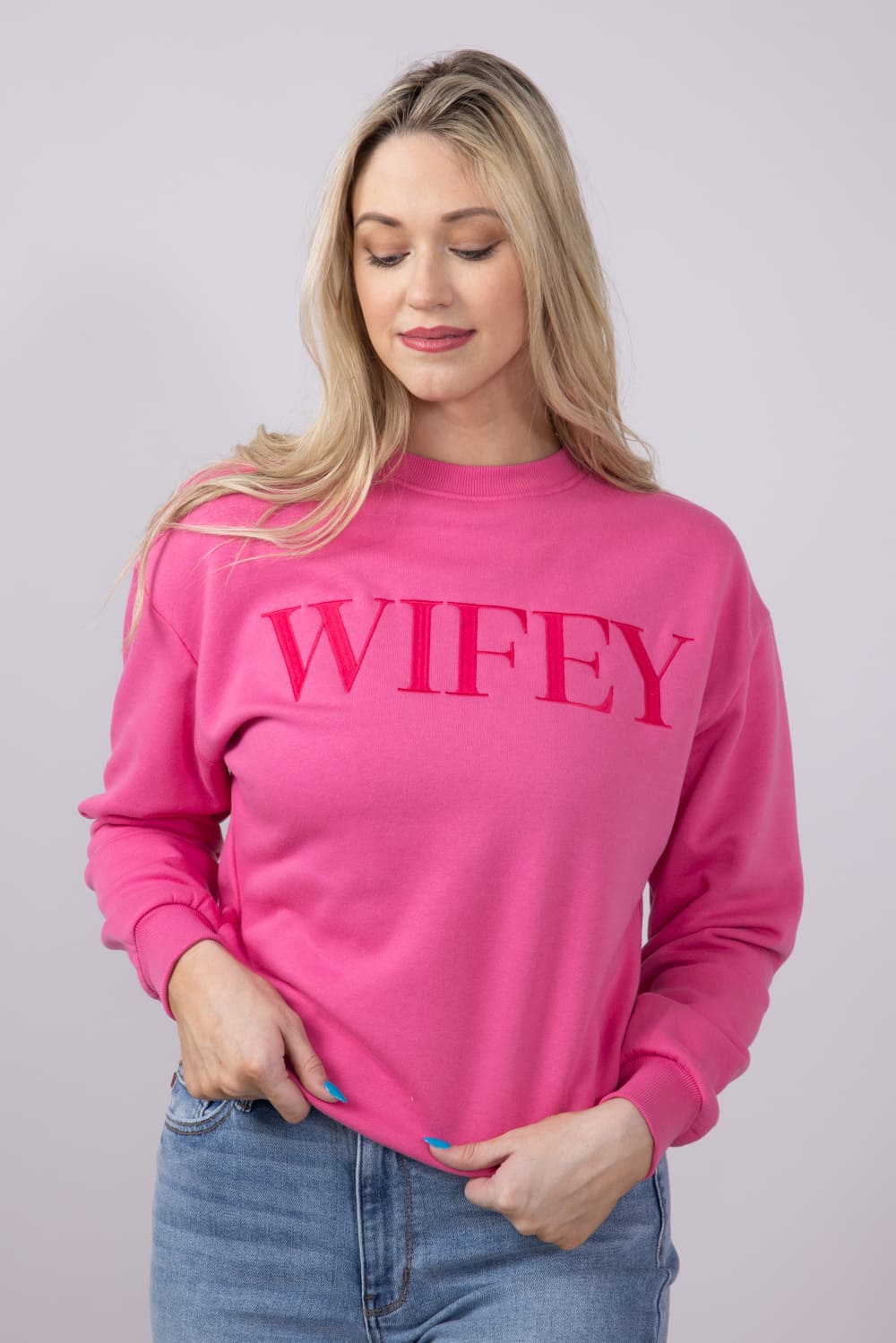 OUI♡ 1897 Active Embroidered Wifey Sweatshirt for Women in Pink