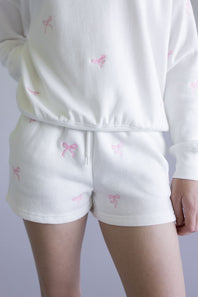 1897 Active Embroidered Bow Fleece Shorts for Women in Ivory