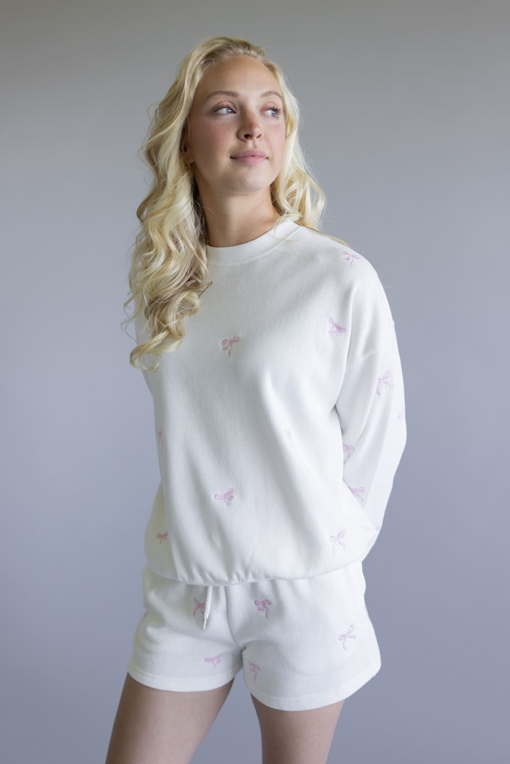 1897 Active Embroidered Bow Fleece Sweatshirt for Women in Ivory