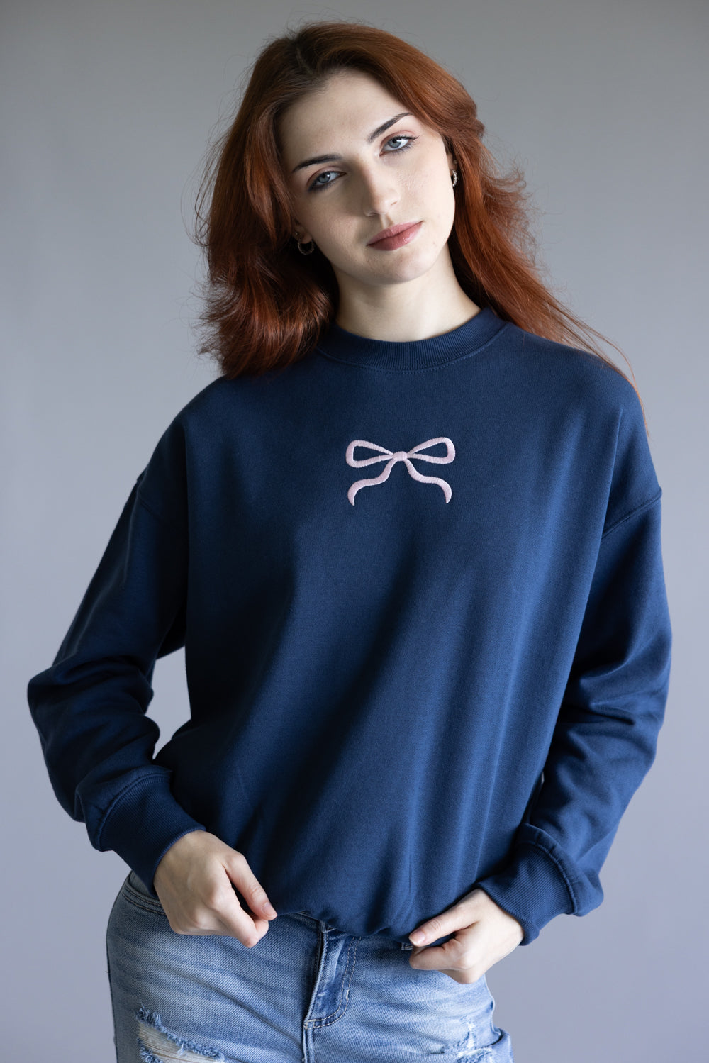 1897 Active Embroidered Center Bow Fleece Sweatshirt for Women in Indigo Blue