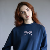 1897 Active Embroidered Center Bow Fleece Sweatshirt for Women in Indigo Blue