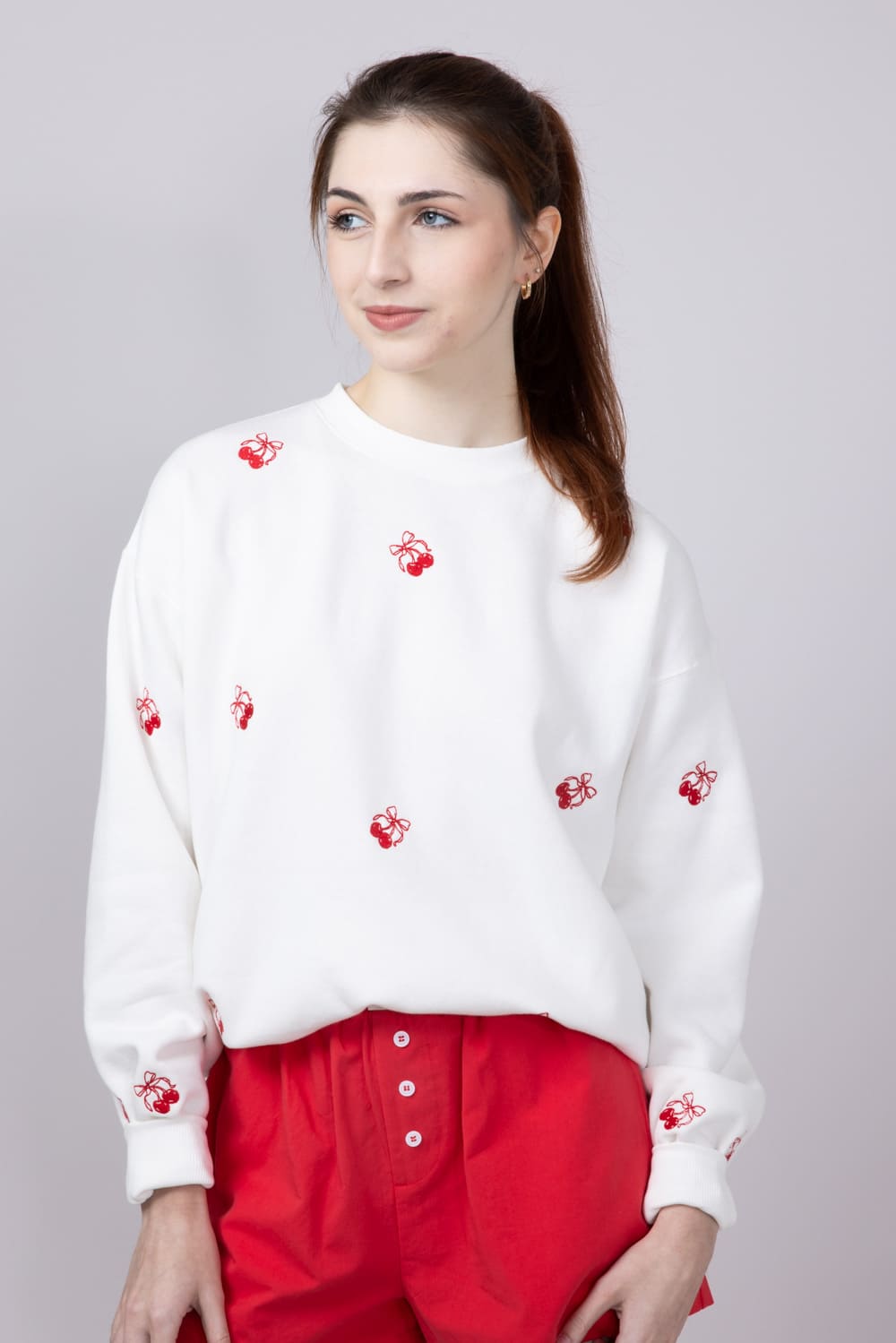 1897 Active Embroidered Cherries And Bows Fleece Sweatshirt for Women in Ivory