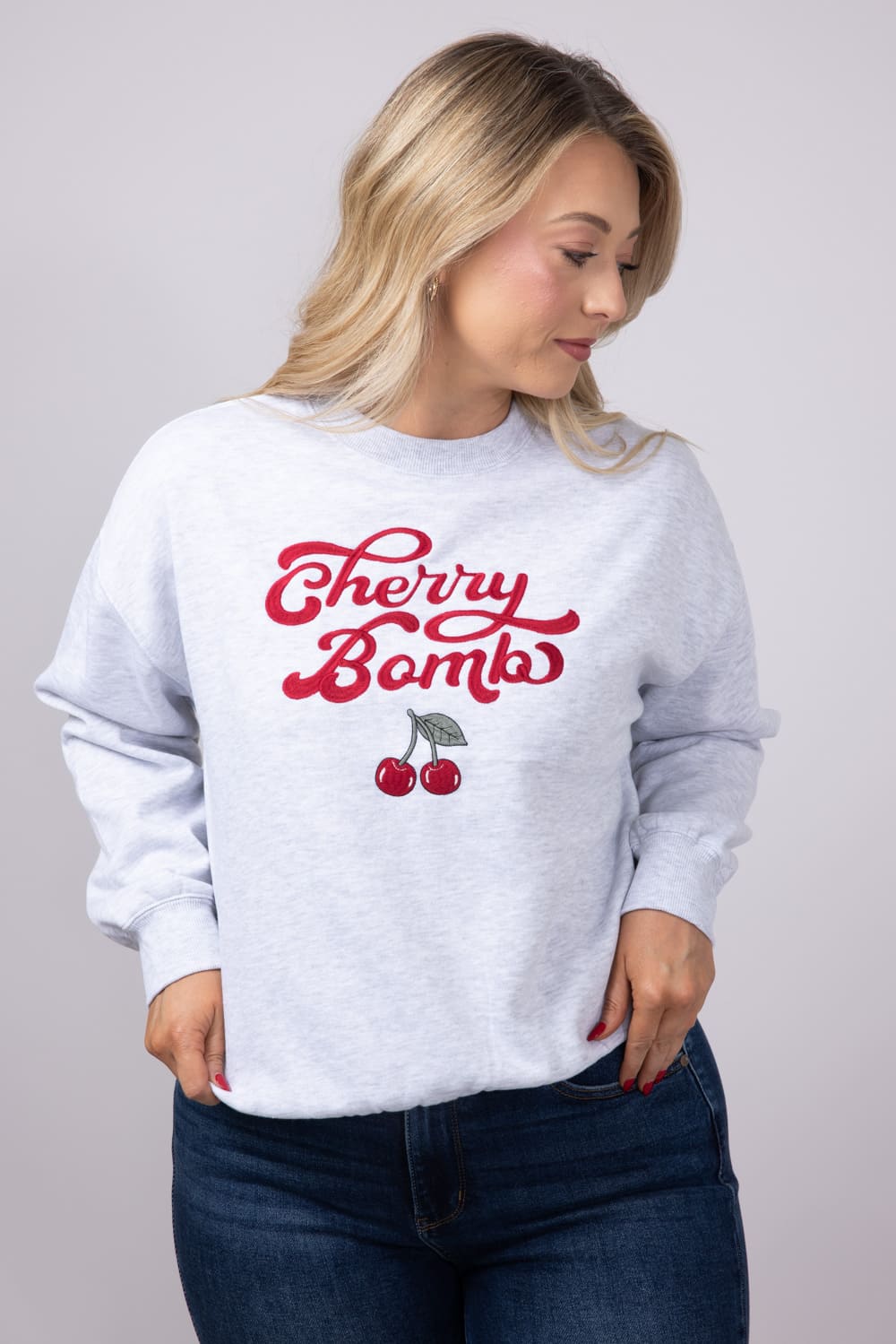 1897 Active Embroidered Cherry Bomb Sweatshirt for Women in Grey