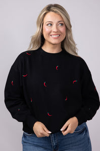 1897 Active Embroidered Chili Peppers Fleece Sweatshirt for Women in Black