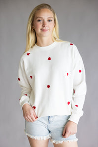 1897 Active Embroidered Hearts Fleece Sweatshirt for Women in Ivory/Red