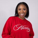  1897 Active Merry Script Embroidered Fleece Sweatshirt for Women in Red