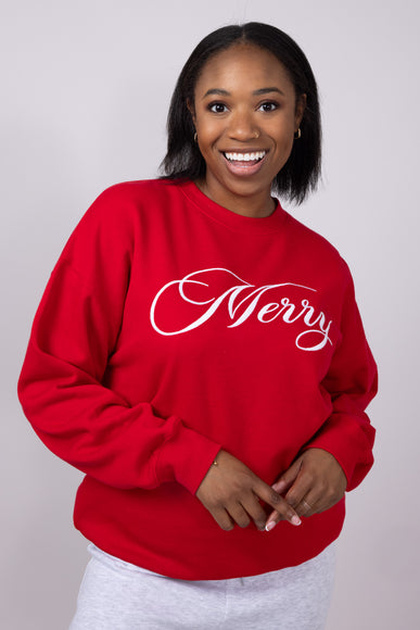  1897 Active Merry Script Embroidered Fleece Sweatshirt for Women in Red
