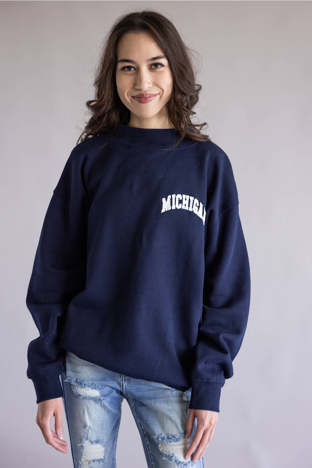1897 Active Michigan Embroidered Mock Neck Sweatshirt for Women in Navy